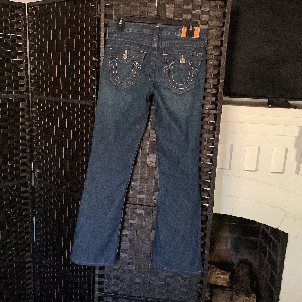 True Religion Bootcut Womens Jeans Tag 14 Dark Blue with Flap Pockets Denim